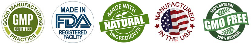 GMP Certified · FDA Registered Facility · Made With Natural Ingredients · Made in the USA · 100% Natural GMO-Free